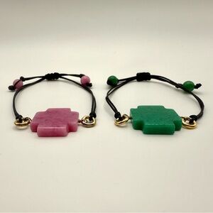 Studio Barse Pink & Green Jade Adjustable Leather Bracelets Set of 2